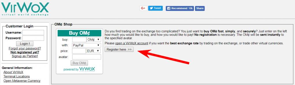 Account registration button at WirWox