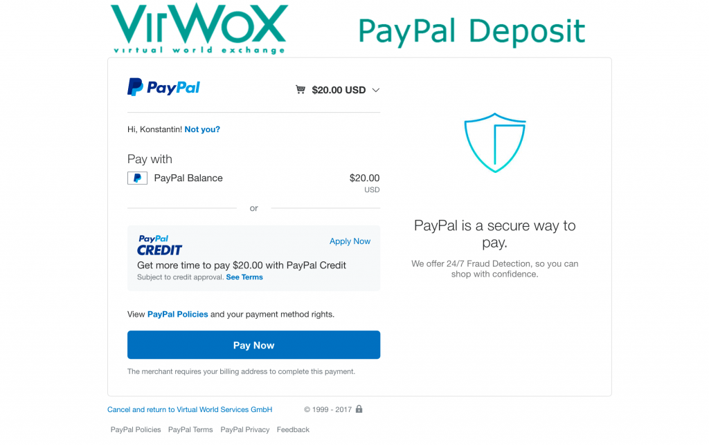 PayPal deposit at VirWox